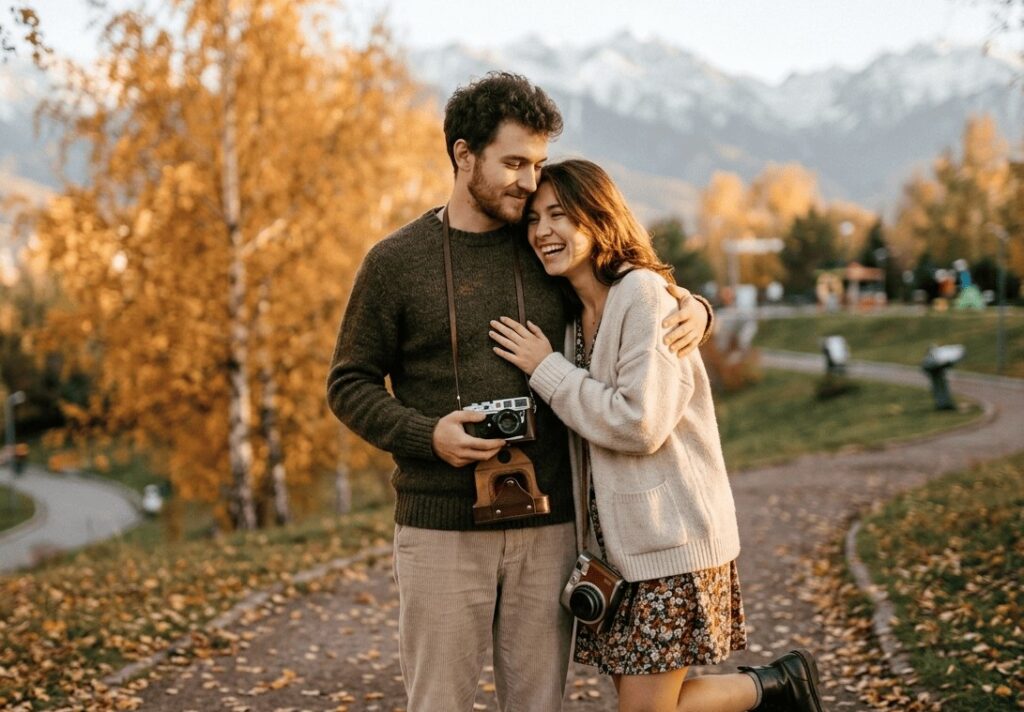 Фотосессия Love Story в Алматы на фоне гор: влюбленная пара обнимается в парке на закате