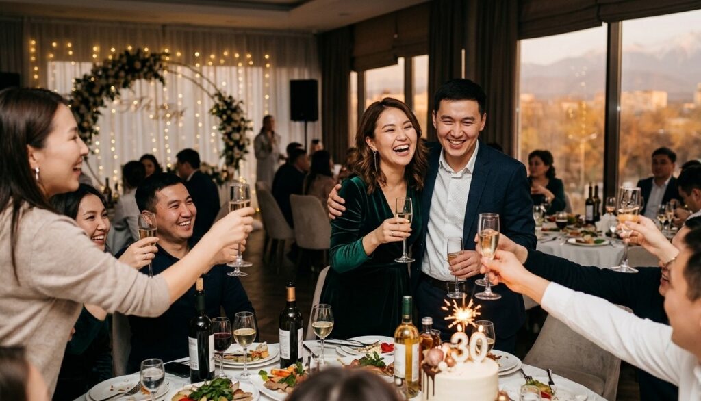 Фотограф на день рождения в Алматы: гости поднимают бокалы за именинницу на банкете с видом на горы