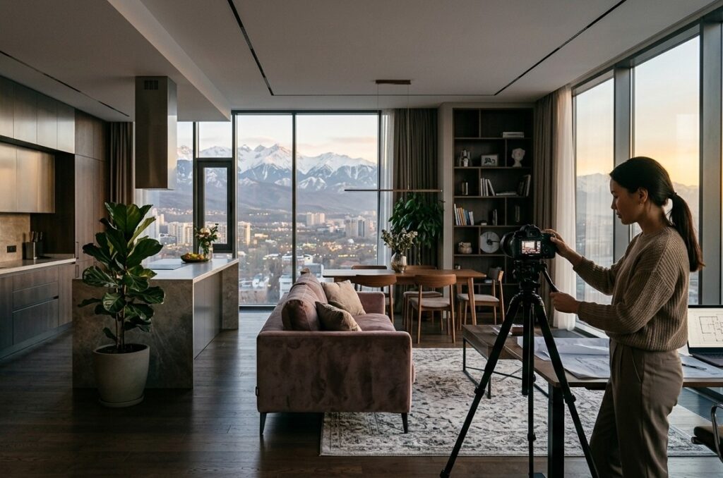 Интерьерный фотограф в Алматы: Евгения на съемке элитной недвижимости с панорамным видом на горы