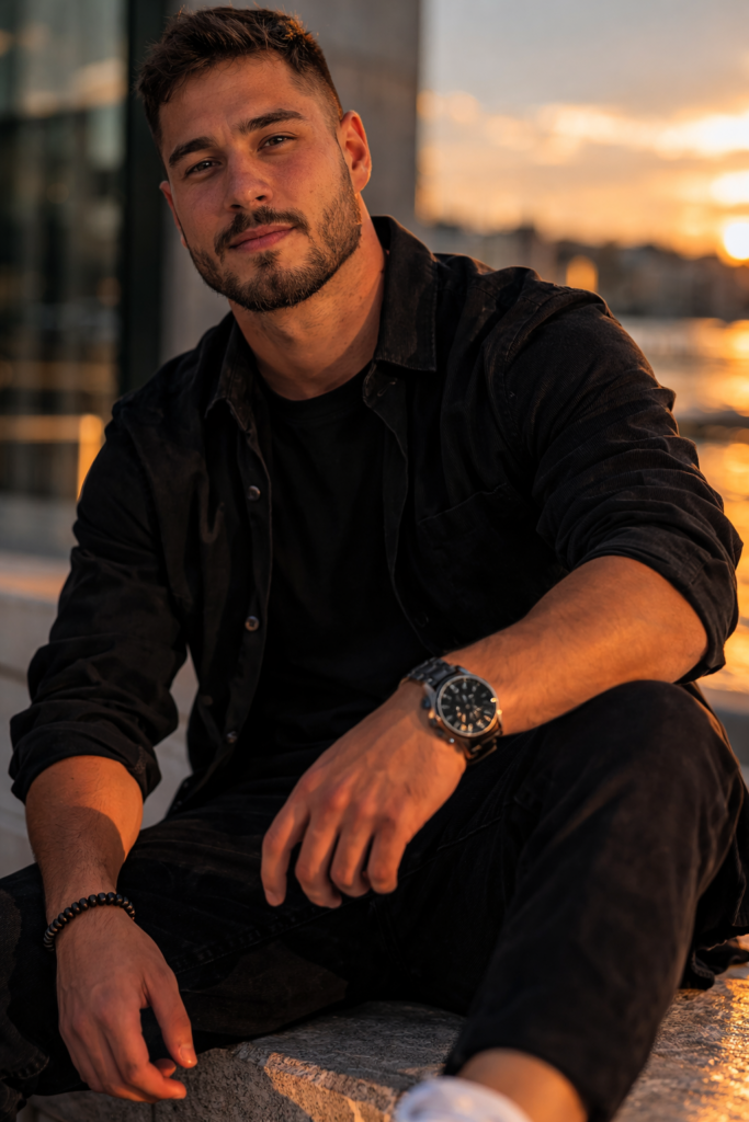 Мужская фотосессия в городском стиле портрет мужчины на закате