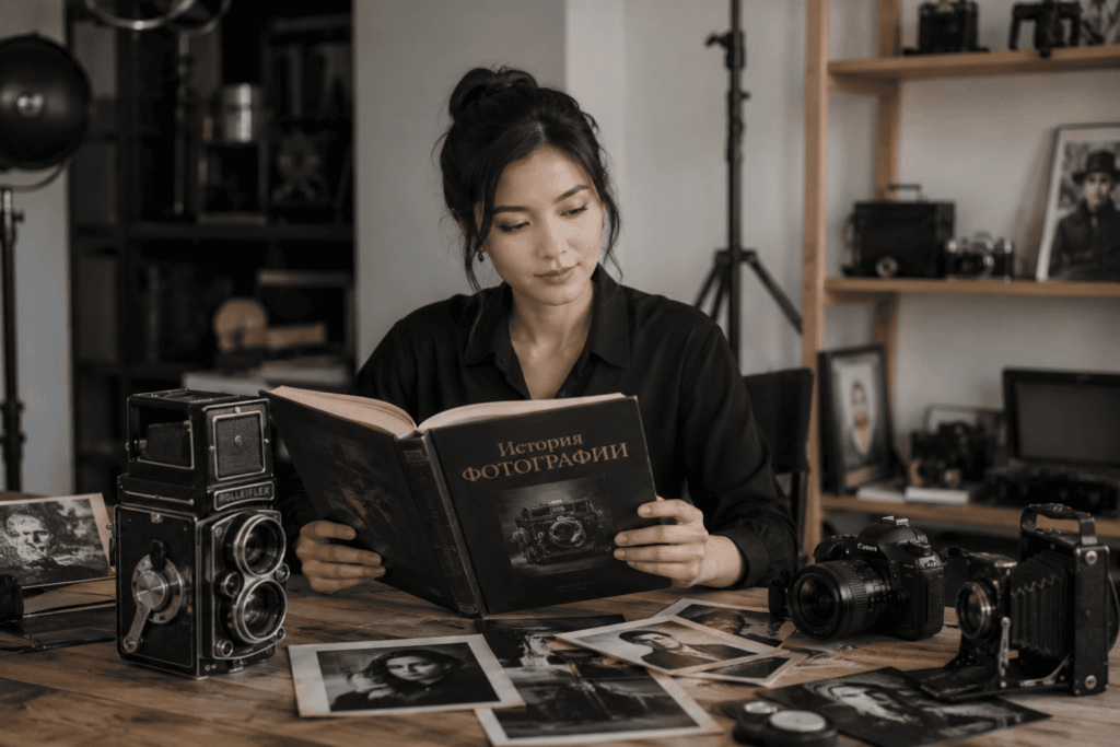 Казахская девушка изучает историю фотографии за столом с винтажными фотоаппаратами и фотоснимками