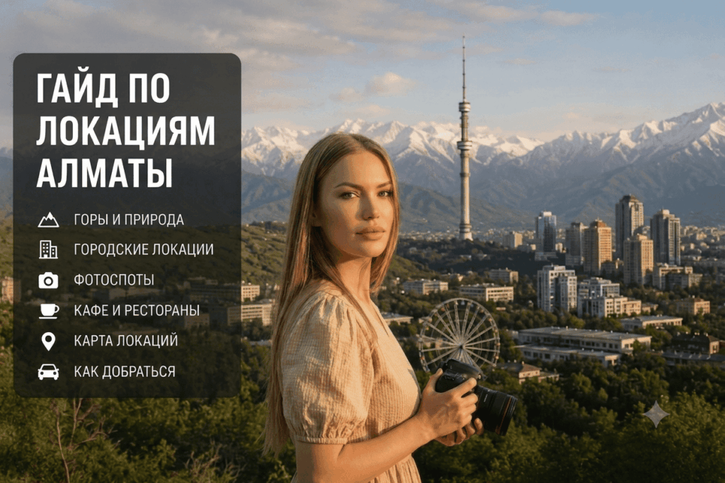 Девушка-фотограф с камерой на фоне панорамы Алматы с горами и телебашней.